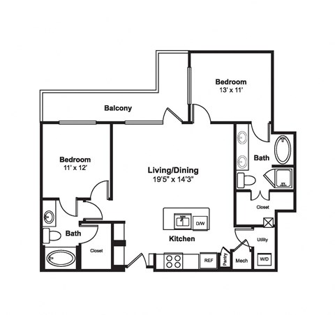 Floor plan for 2 beds, 2 baths, 1117 sqft